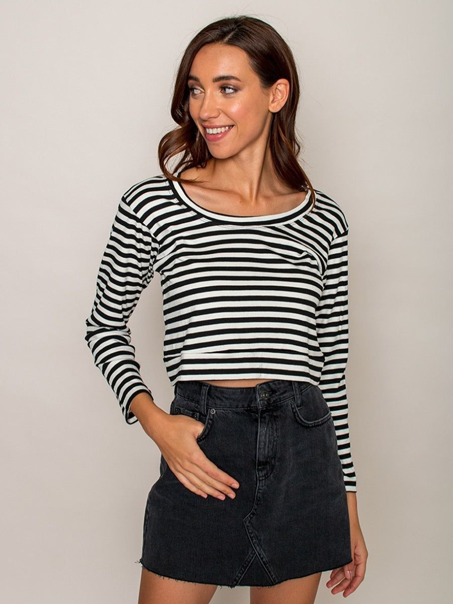 Clothing Legends & Vibes Basic Tees + Tanks | Olive Long-Sleeve Stripe Crop Top