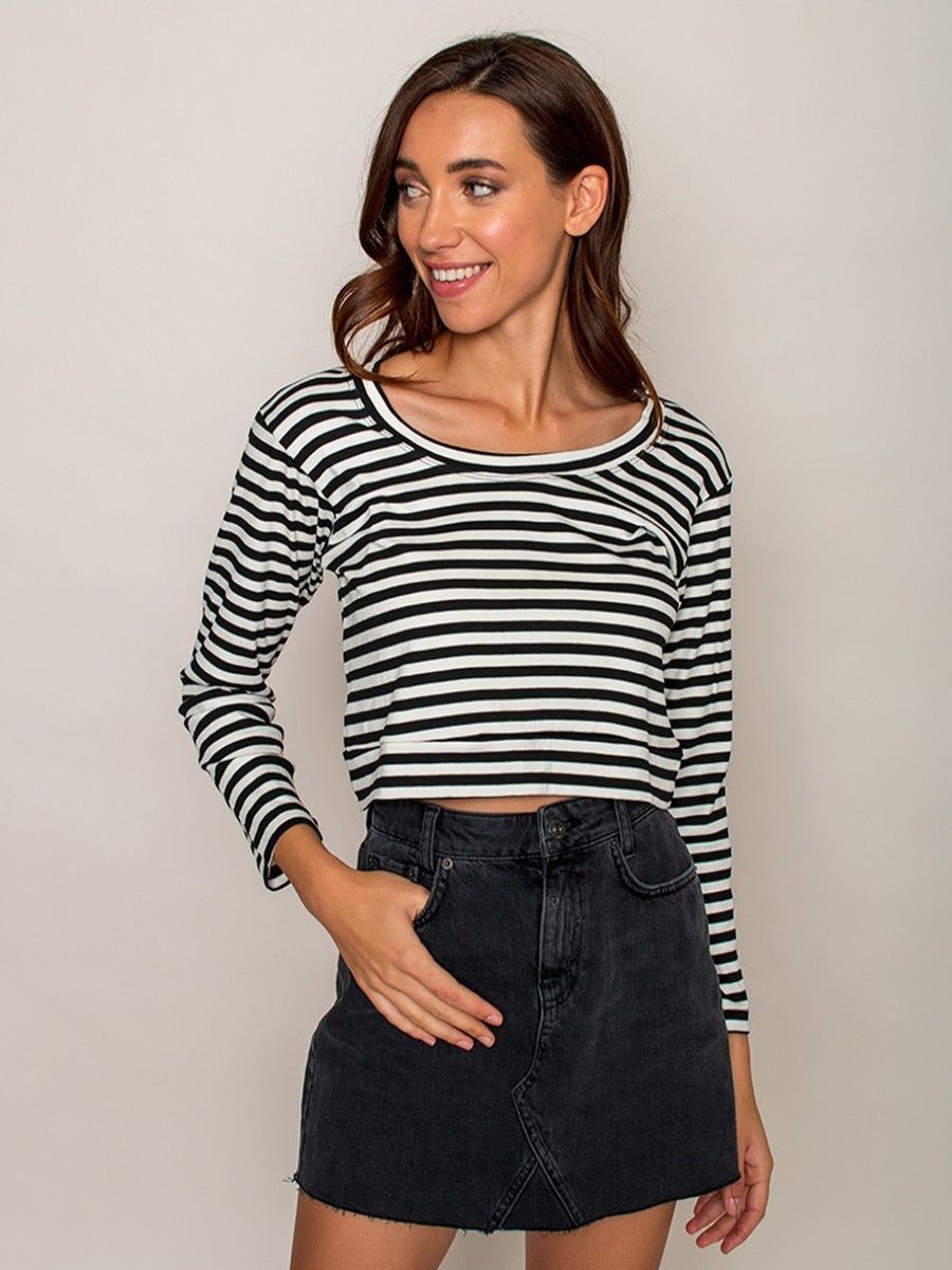 Clothing Legends & Vibes Long Sleeve Tops | Olive Long-Sleeve Stripe Crop Top